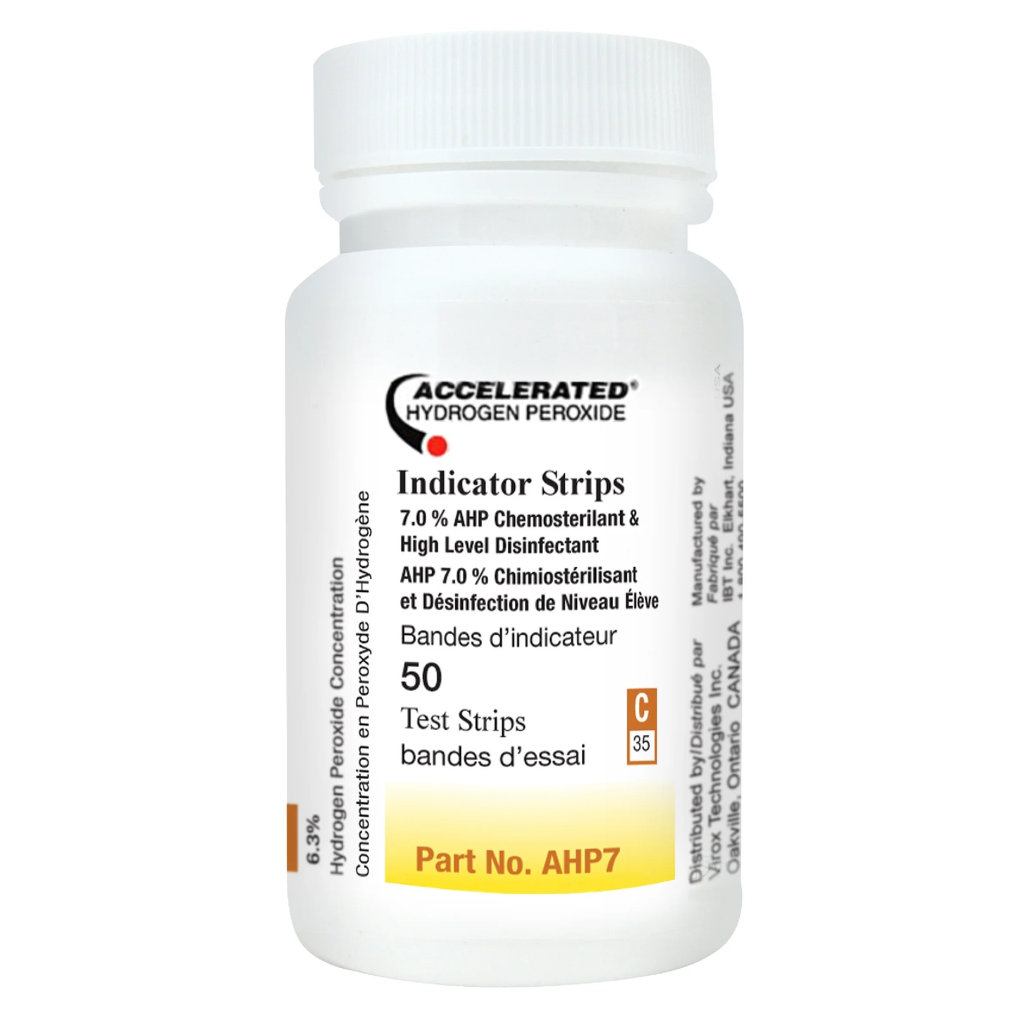 Bottle of CS20 Accelerated Hydrogen Peroxide Indicator Strips on a white background