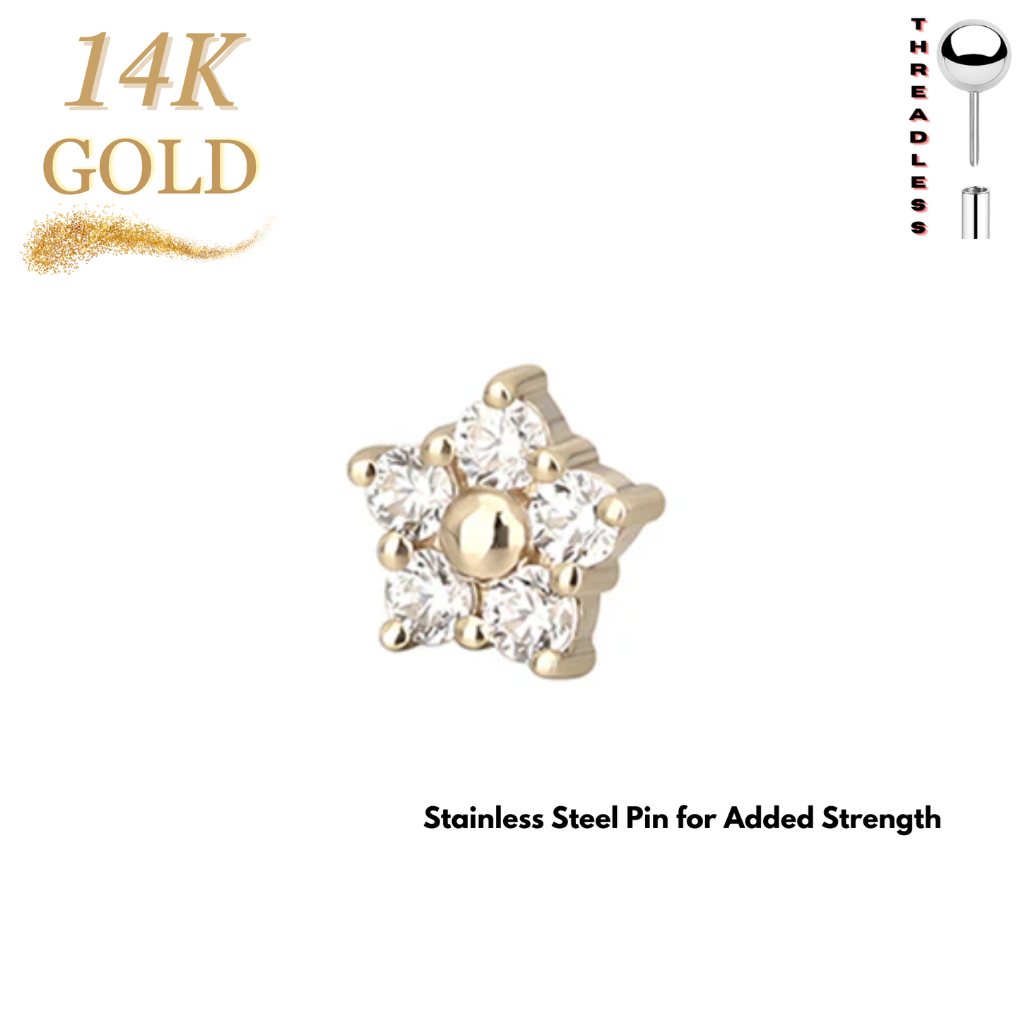 14K Gold Threadless 5 Marquise CZ Petal Flower (Top Only)