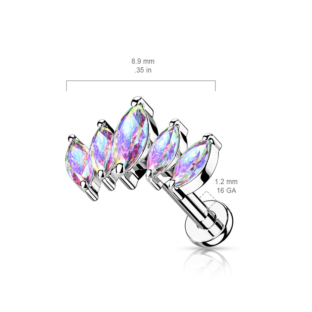 Surgical Steel/Brass Internally Threaded Labret w/ 5 Marquise CZ Set Curve Design (CLEARANCE)