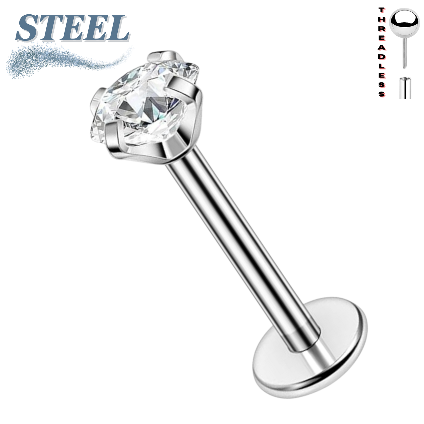 Surgical Steel Threadless Labret Combo w/ Prong CZ (4mm Base)