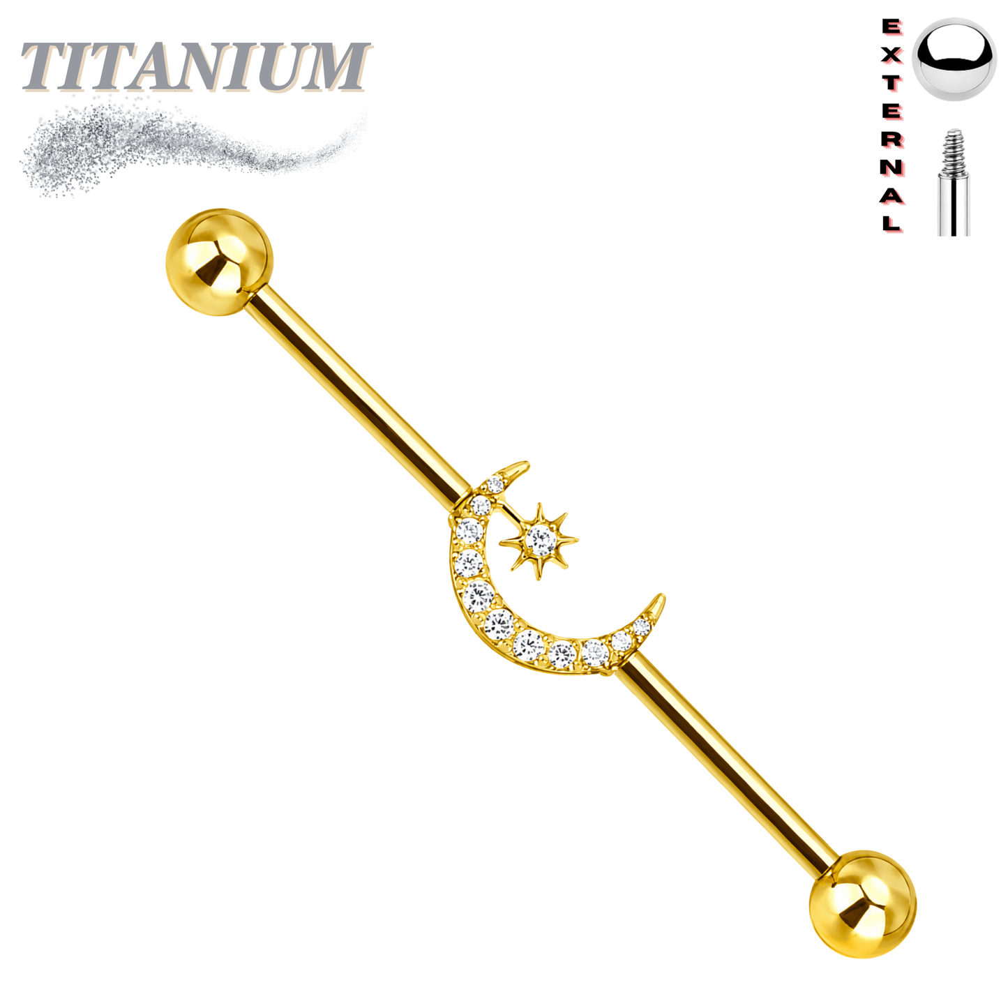 Titanium Externally Threaded Industrial Barbell w/ CZ Moon with Star