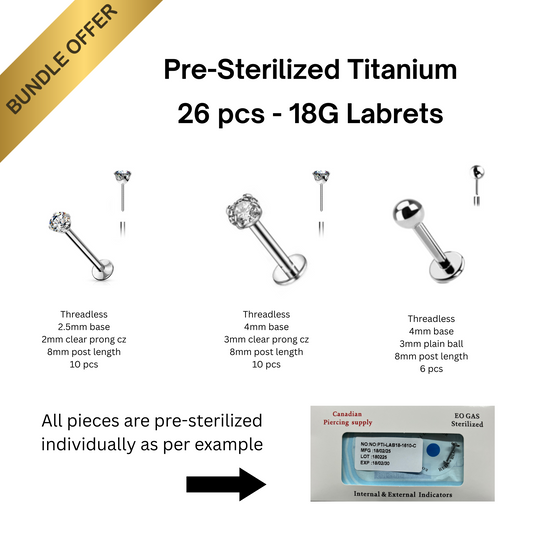 Pre-Sterilized Titanium 18G Threadless Labret 26pc Bundle for Nostril & Lobes