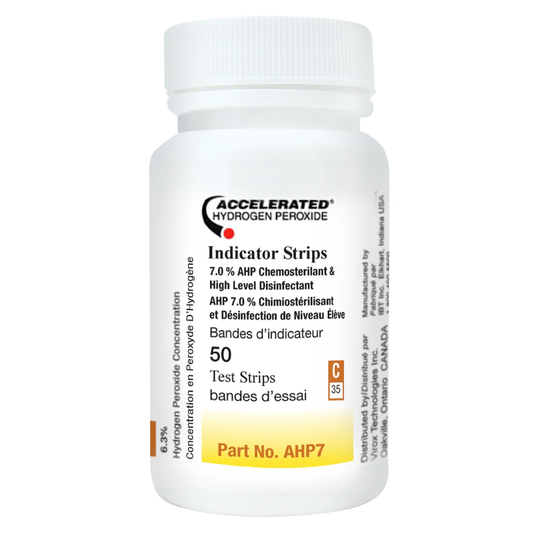 Bottle of CS20 Accelerated Hydrogen Peroxide Indicator Strips on a white background