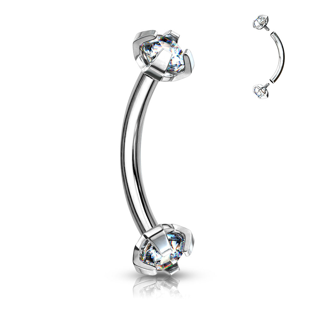 Pre-Sterilized Surgical Steel Internally Threaded Curved Barbells w/ Prong Gem Ends - (CLEARANCE)