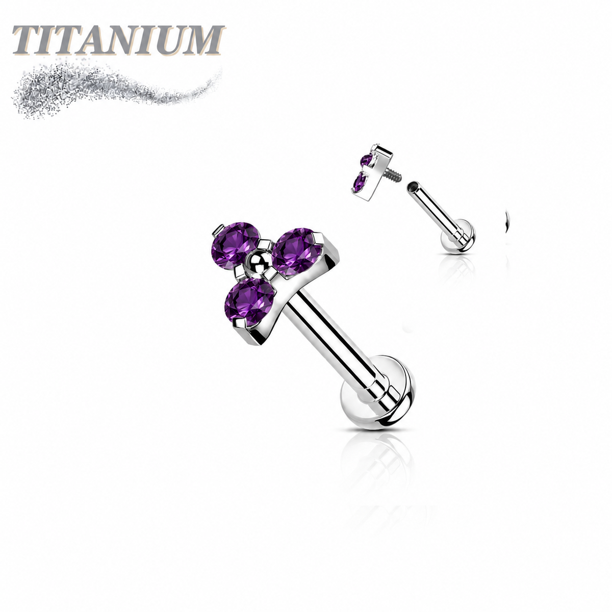 Titanium Internal Thread Opal or CZ Trinity Triangle Labret