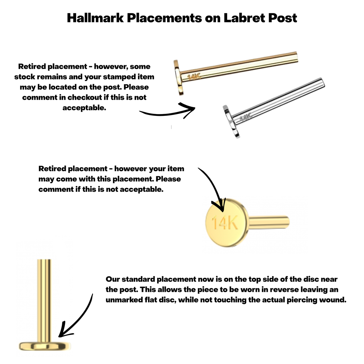 14K Gold Threadless Labret Flat Back Stud (Post Only) 3mm Base