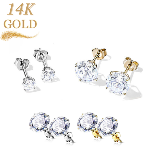 14K Gold Earrings with Round CZ in Prong Setting