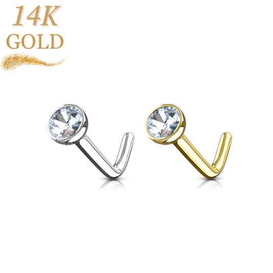 14K Gold L Bend Nostril Stud with Bezel Set CZ Ball