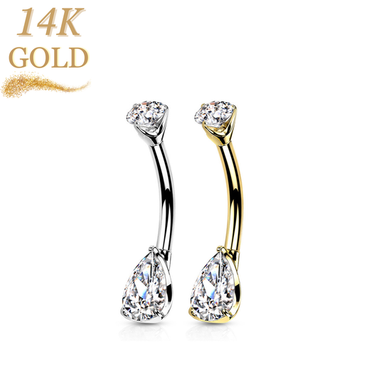 14K Gold Prong Set CZ Belly Banana with Teardrop/Pear Gem