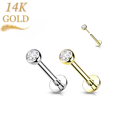 14K Gold Threadless Labret Combo with Bezel CZ Top