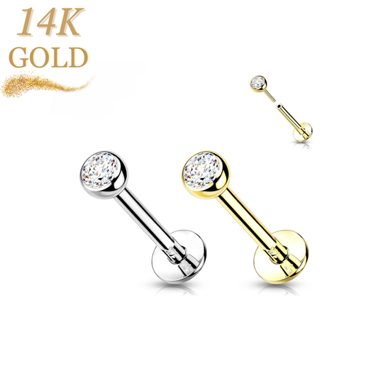 14K Gold Threadless Labret Combo with Bezel CZ Top