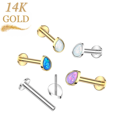 14K Gold Threadless Labret Combo with Pear Opal Top