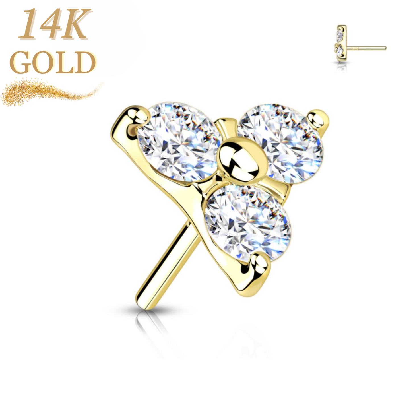 14K Gold Threadless 3 CZ Trinity (Top Only)