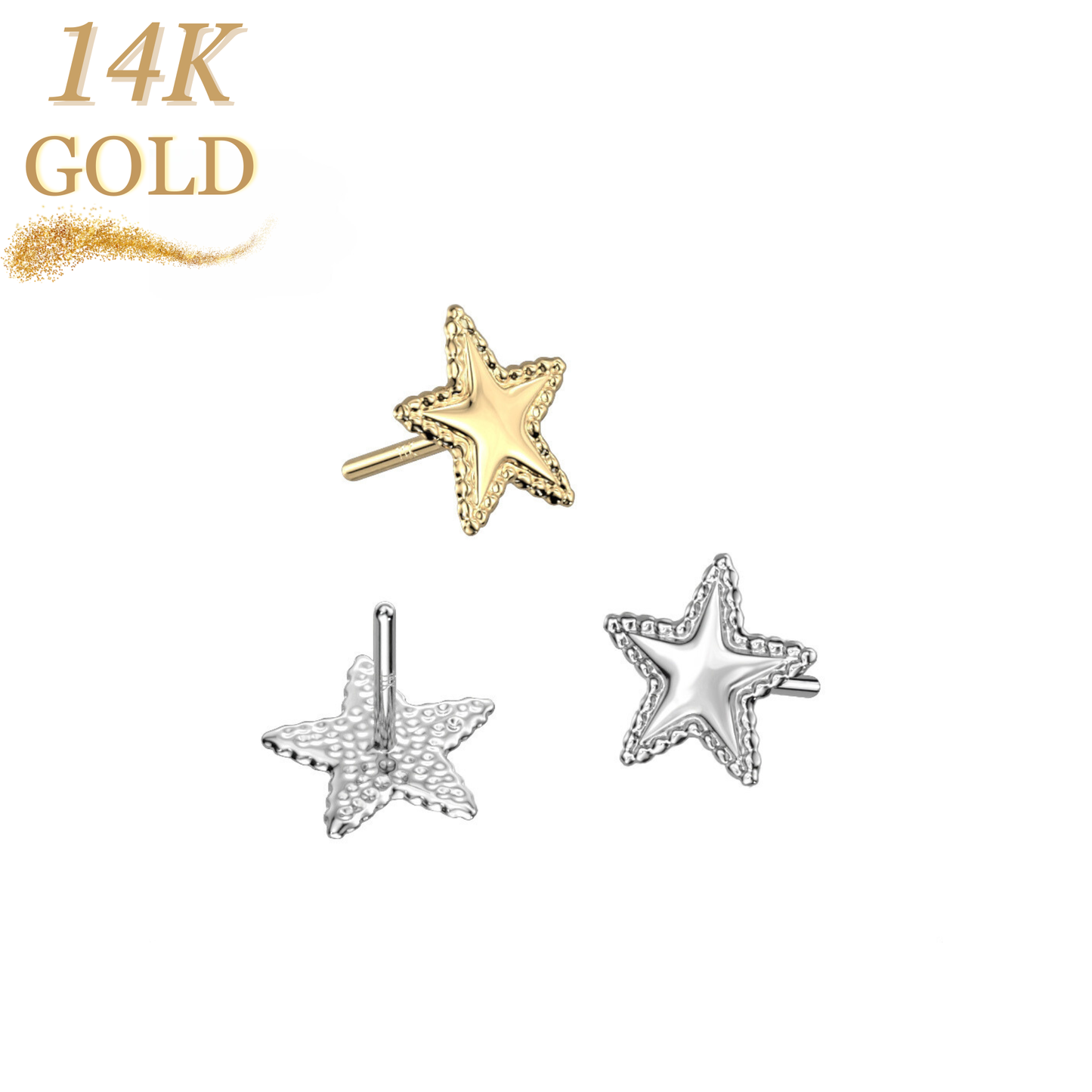14K Gold Threadless Star with Flat Beaded Edge (Top Only)