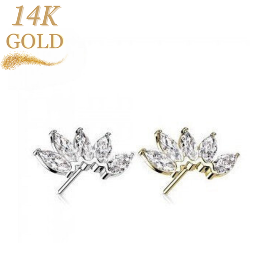 14K Gold Threadless Push In 5 CZ Marquise Curved Fan Top Only