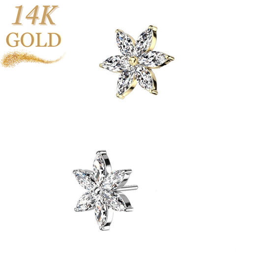 14K Gold 6 Marquise cz Petal Flower Threadless Push in Top Only