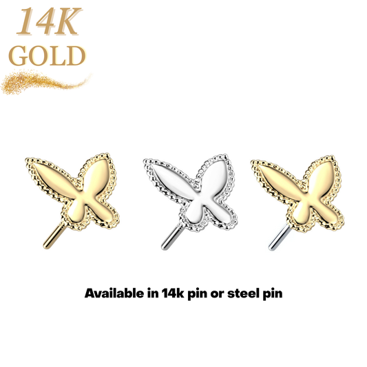 14K Gold Threadless Push In Beaded Butterfly Top Only