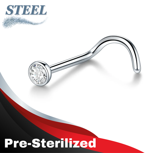 Pre-Sterilized Surgical Steel 18G Piercing Nostril Screws (7mm long) with Flat Bezel Crystal Top