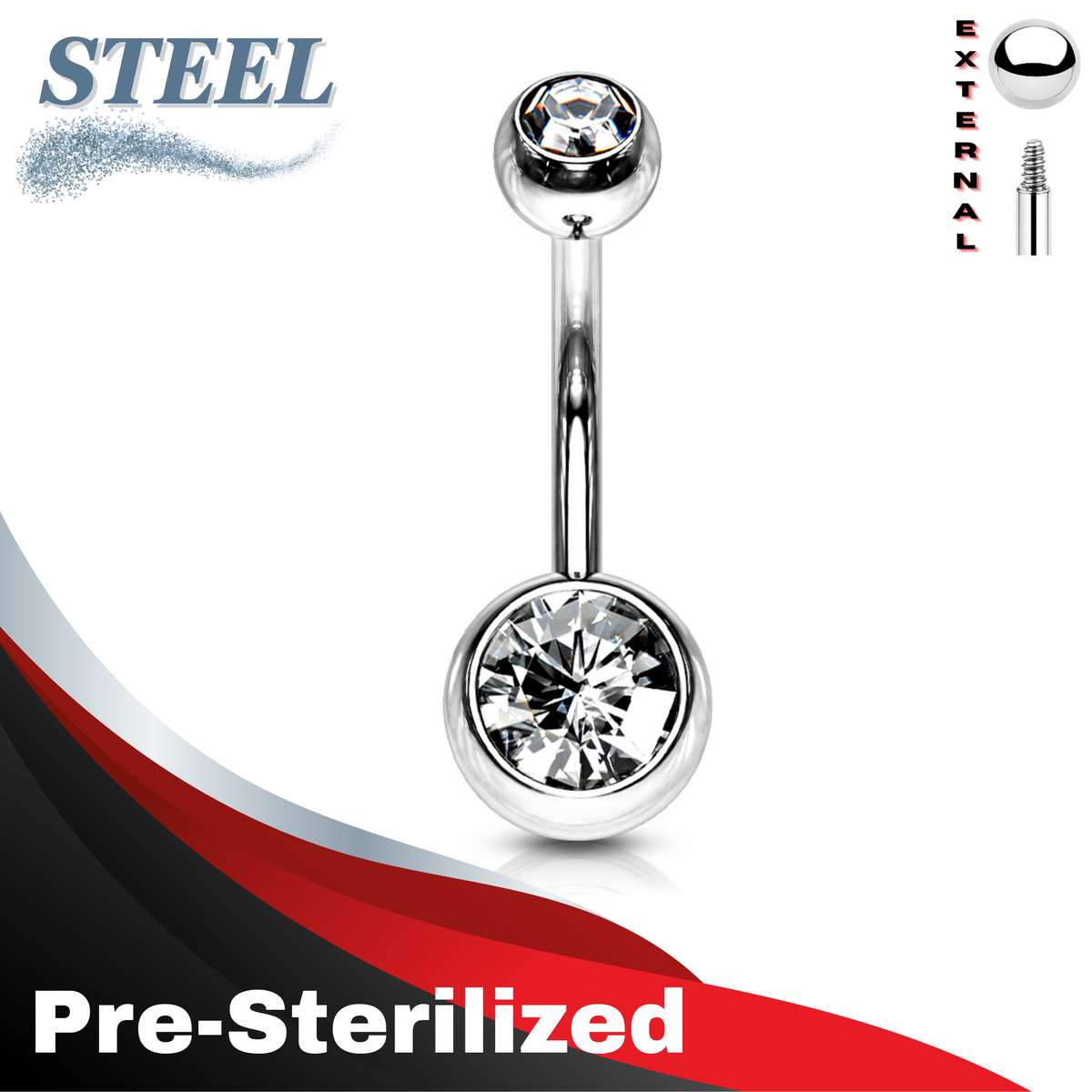 Pre-Sterilized Surgical Steel Externally Threaded Double Gem Belly Banana - (CLEARANCE)