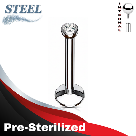 Pre-Sterilized Surgical Steel Internally Sterilized Labret w/ Bezel Set Jewel & Extended Threading