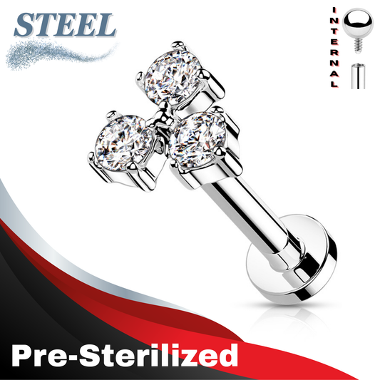 Pre-Sterilized Surgical Steel  Internally Threaded Labret w/ Trinity CZ Triangle