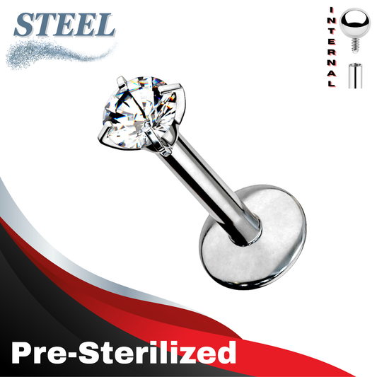 Pre-Sterilized Surgical Steel Internally Threaded Labret w/ Prong Set CZ