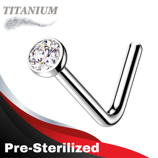 Pre-Sterilized Titanium Nostril L Bend with 2mm Flat Bezel Set CZ - CLEARANCE