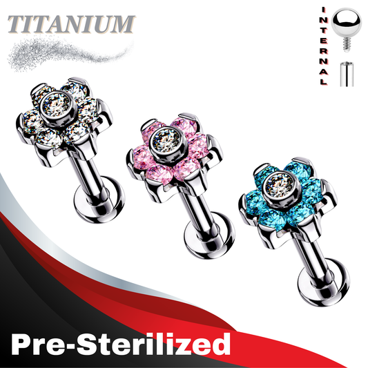 Pre-Sterilized Titanium Internally Threaded Labret w/ CZ Flower