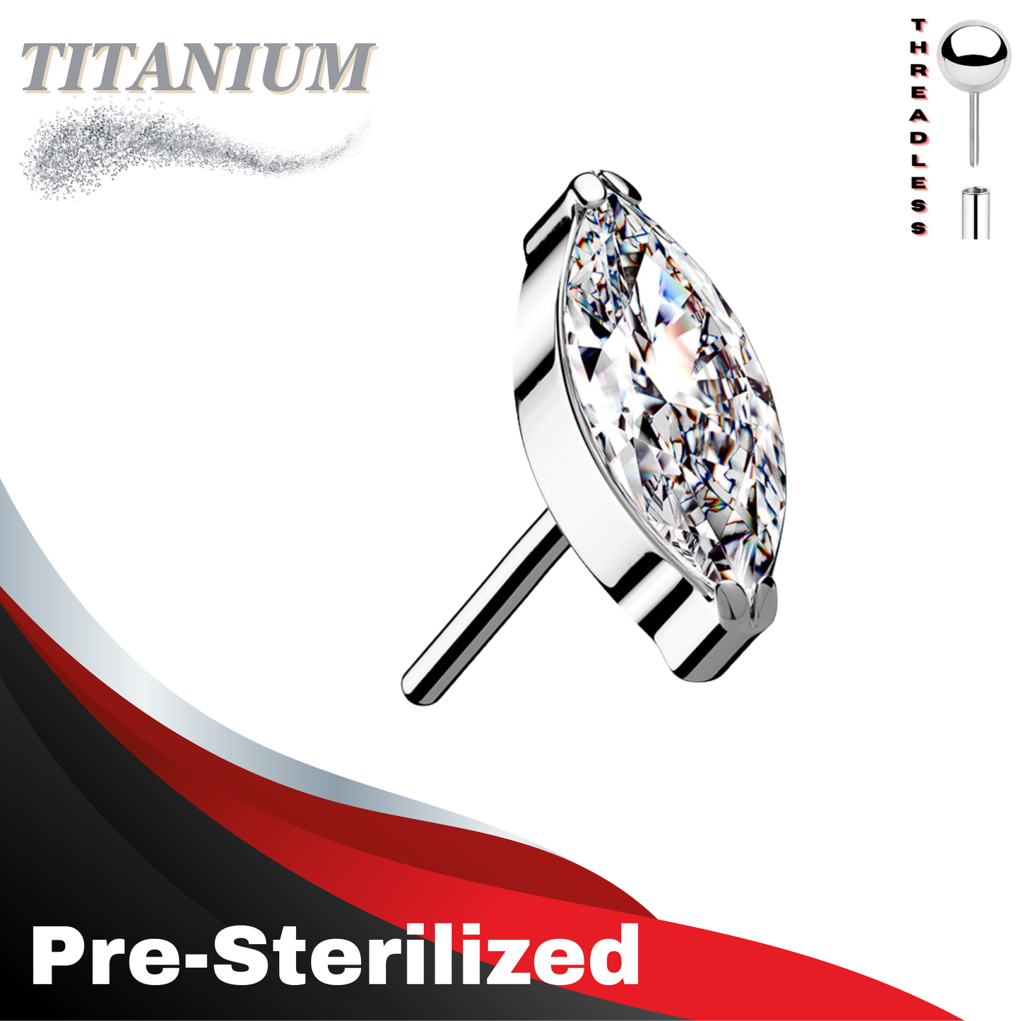 Pre-Sterilized Titanium Threadless Single Marquise CZ (Top Only)