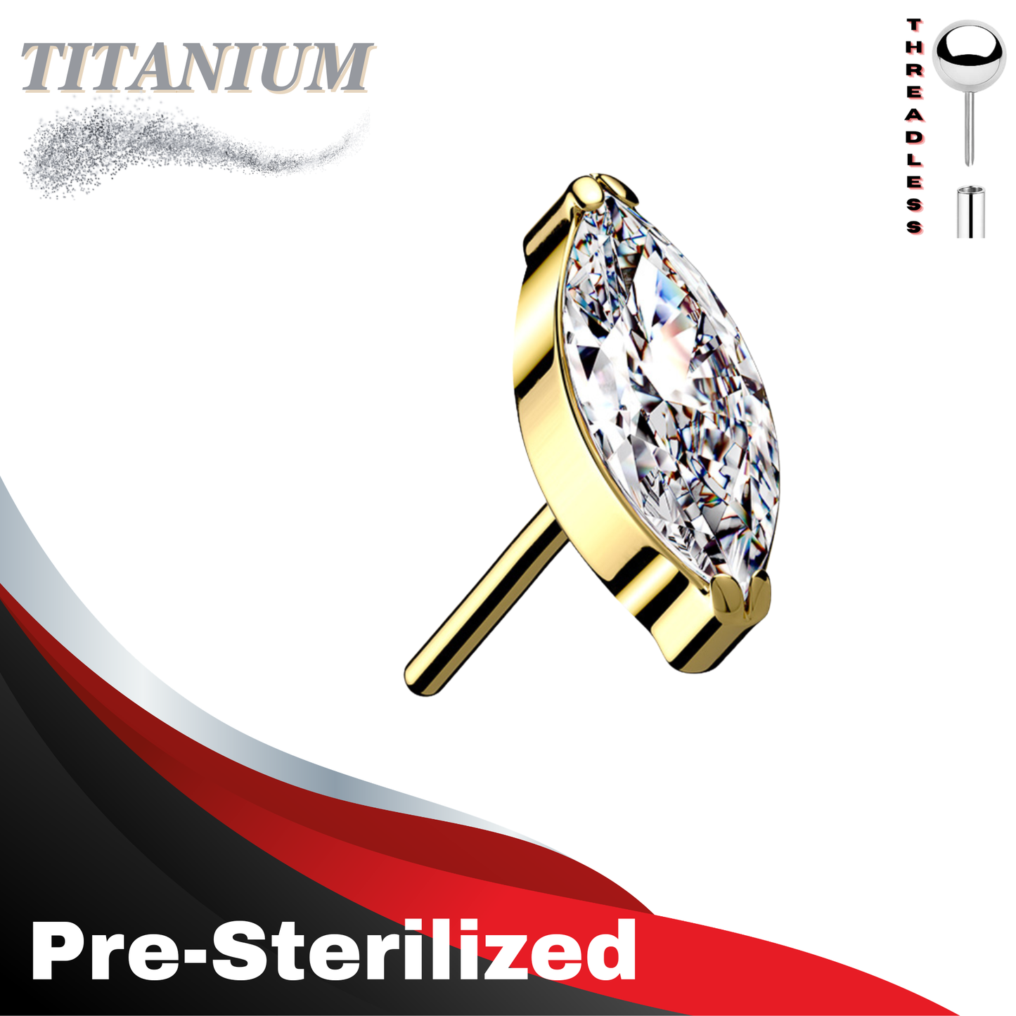 Pre-Sterilized Titanium Threadless Single Marquise CZ (Top Only)