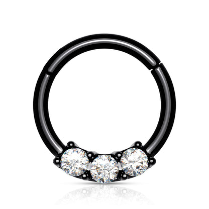 Surgical Steel Hinged Ring with Front Facing Prong Clasp 3 Gems