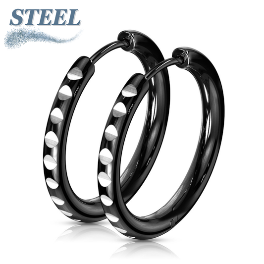 Stainless Steel Hinged Round Cut Black Hoop Earrings