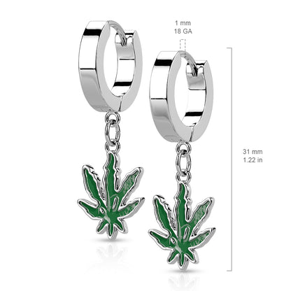 Surgical Steel Hoop Earrings with Colored Pot Leaf Dangle