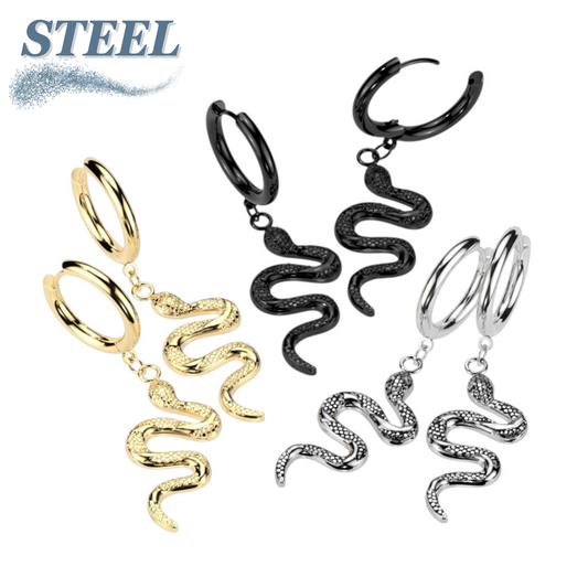Surgical Steel Hoop Earrings with Snake Dangle