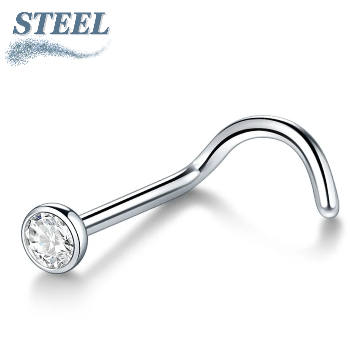 Surgical Steel Nostril Screws 7mm 18G for Piercing w/ 2mm Flat Bezel Crystal Top