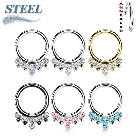 Surgical Steel Annealed Ring with 7 Front Facing Bezel Gem & Beads (CLEARANCE)
