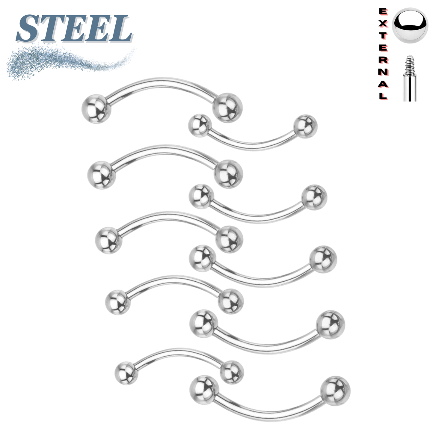 Surgical Steel Externally Threaded Curved Barbells - Silver