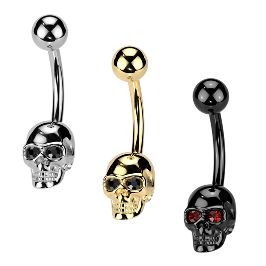 Surgical Steel Externally Threaded Belly Banana Skull w/ Gem Eyes