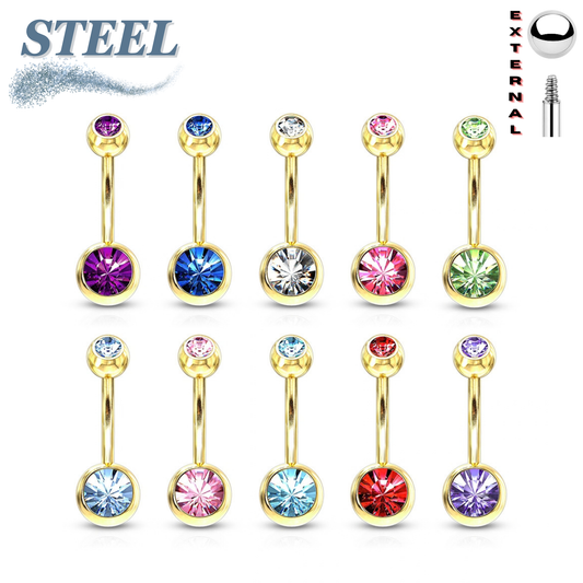 Surgical Steel Externally Threaded Gold Plated Double Jewel Belly Banana