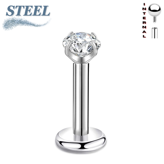 Surgical Steel Internally Threaded Labret with Prong Set CZ