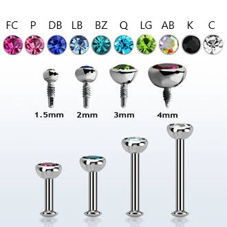 Surgical Steel 16G Labret with Bezel Gem Low Profile Tops Internal Thread (CLEARANCE)