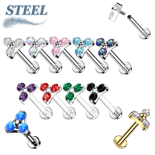 Surgical Steel Internally Threaded Opal or CZ Trinity Triangle Labret