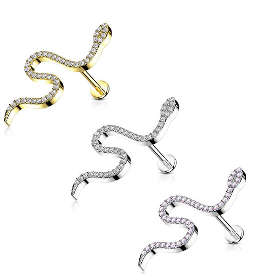 Surgical Steel CZ Paved Snake Internal Thread Labret (CLEARANCE)