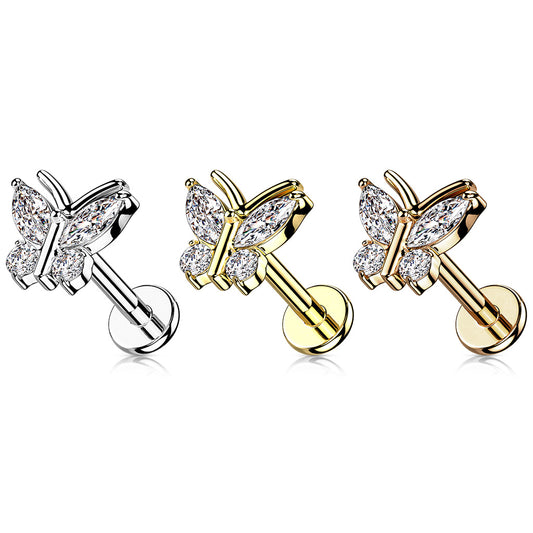 Surgical Steel CZ Butterfly with Antenna Internal Thread Labret (CLEARANCE)