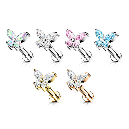 Surgical Steel CZ Simple Butterfly Internal Thread Labret (CLEARANCE)