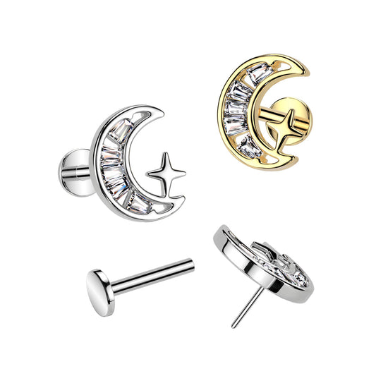 Surgical Steel/Brass Threadless with CZ Crescent Moon Top Labret Combo (CLEARANCE)