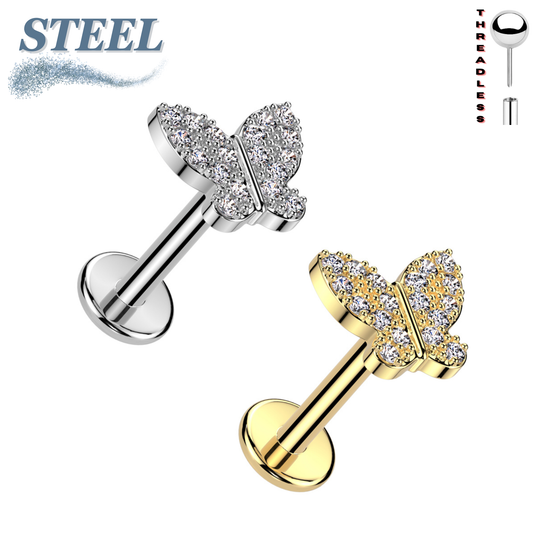 Surgical Steel/Brass CZ Butterfly Threadless Labret Combo (CLEARANCE)