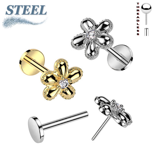 Surgical Steel/Brass Threadless Flower Top w/ CZ Middle Labret Combo (CLEARANCE)