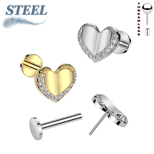 Surgical Steel/Brass Threadless Heart with CZ Edge Top Labret Combo (CLEARANCE)