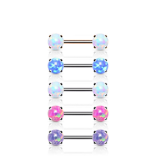 Surgical Steel Threadless Nipple Bar with Prong Set Opal Ends